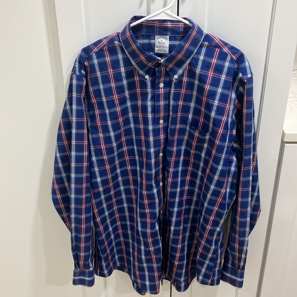 Brooks Brothers Men’s Blue Red Plaid Cotton Long Sleeve Regent Button Down Shirt